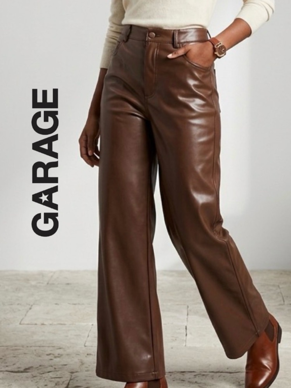 ❤️ Garage Brown Faux-Leather Wide-Leg Pants Size M